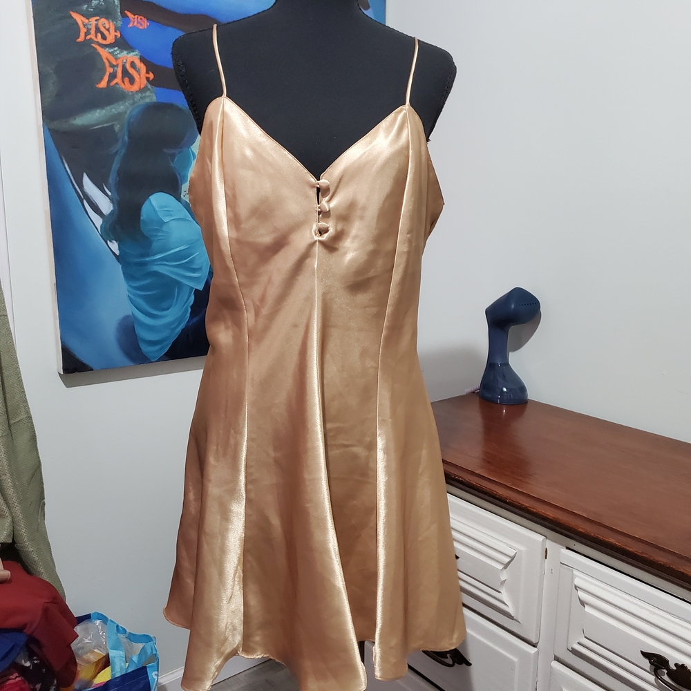 Vintage Satin Chemise Slip Dress Gold Champagne Shimmer Nightgown L Inner Most